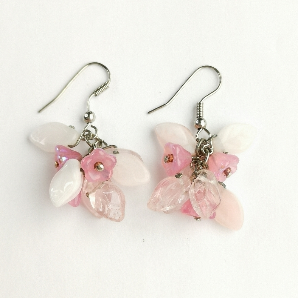 VINTAGE Czech beaded  cluster earrings pink